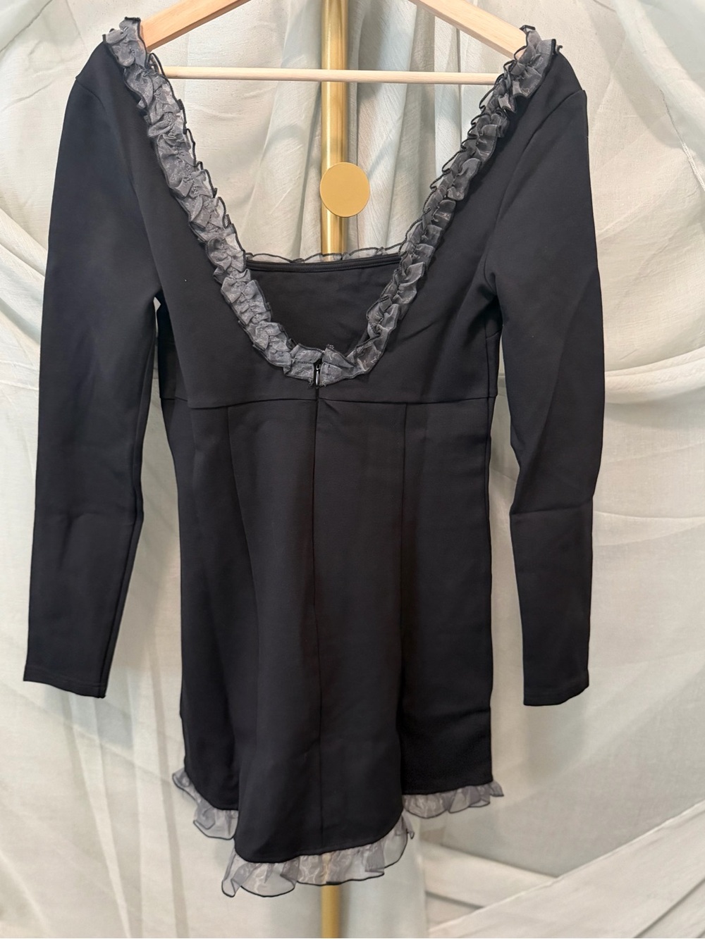 Free People Black Square Neck Long Sleeve Mini Dress with Ruffle Trim - Picture 4 of 8